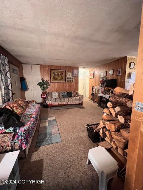 living room featuring wood walls, a textured ceiling, and carpet flooring