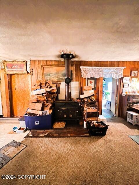 sitting room featuring wooden walls and a wood stove