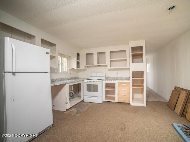 kitchen with light carpet and white appliances