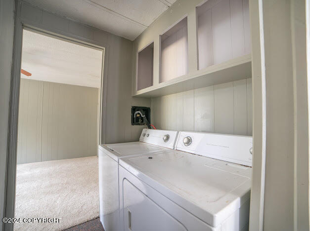 laundry area featuring wooden walls, carpet flooring, and washer and dryer