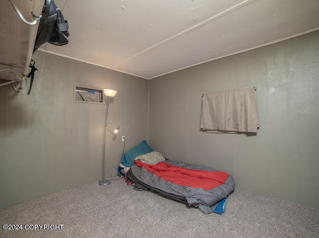 bedroom with carpet flooring and crown molding