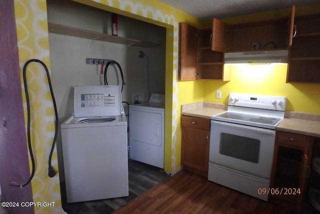 kitchen featuring a textured ceiling, dark hardwood / wood-style flooring, washer / dryer, and white range with electric stovetop