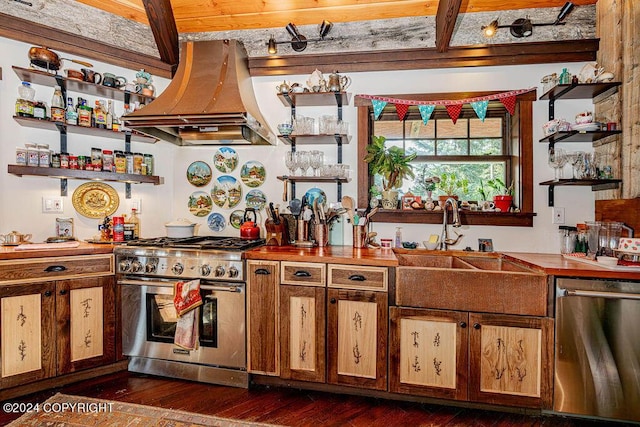 38126 Bobby Rufus Rd, Homer, AK 99603 - kitchen with stainless steel appliances, custom range hood, open shelves, a sink, and dark wood-style flooring