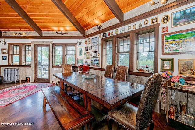 dining space featuring lofted ceiling with beams, radiator, wooden ceiling, and dark wood-type flooring