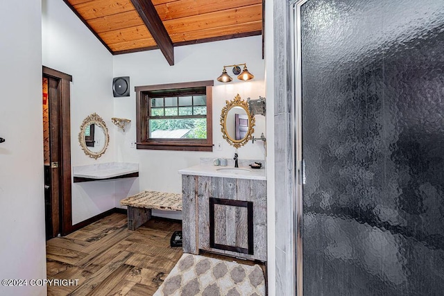 38126 Bobby Rufus Rd, Homer, AK 99603 - bathroom with two vanities, wooden ceiling, and a shower stall