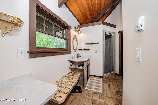 38126 Bobby Rufus Rd, Homer, AK 99603 - bathroom featuring wood ceiling, a shower stall, vanity, and baseboards
