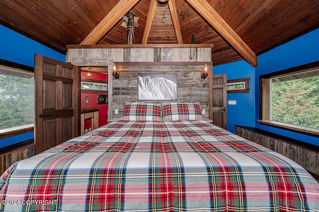 unfurnished bedroom featuring lofted ceiling with beams, wooden walls, and wood ceiling