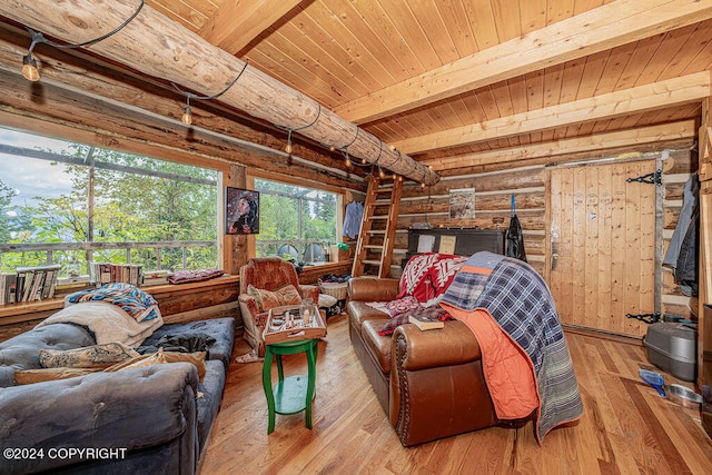 living room featuring light wood-type flooring, wood walls, beam ceiling, and wooden ceiling