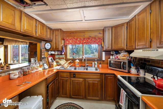 34464 Fishermans Rd, Soldotna, AK 99669 - kitchen featuring stainless steel microwave, range with electric cooktop, a sink, under cabinet range hood, and brown cabinetry