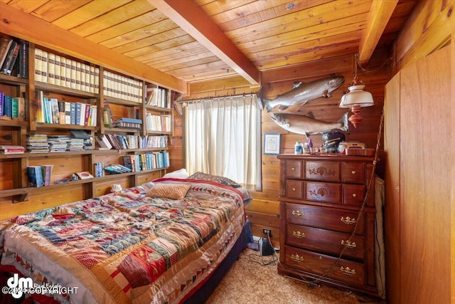 34464 Fishermans Rd, Soldotna, AK 99669 - bedroom featuring wood ceiling with exposed beams and wooden walls