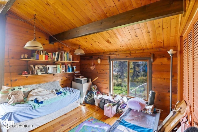 34464 Fishermans Rd, Soldotna, AK 99669 - bedroom featuring wood walls, hardwood / wood-style floors, and wooden ceiling
