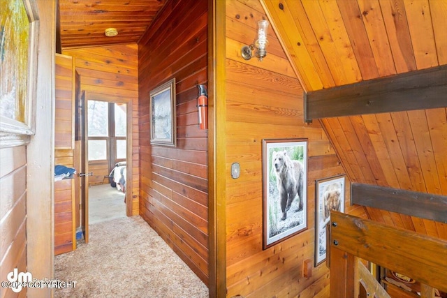 34464 Fishermans Rd, Soldotna, AK 99669 - corridor featuring wooden walls, lofted ceiling, carpet, and wooden ceiling