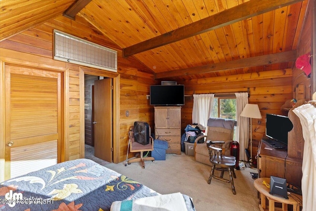 34464 Fishermans Rd, Soldotna, AK 99669 - bedroom featuring wooden walls, carpet, and wooden ceiling
