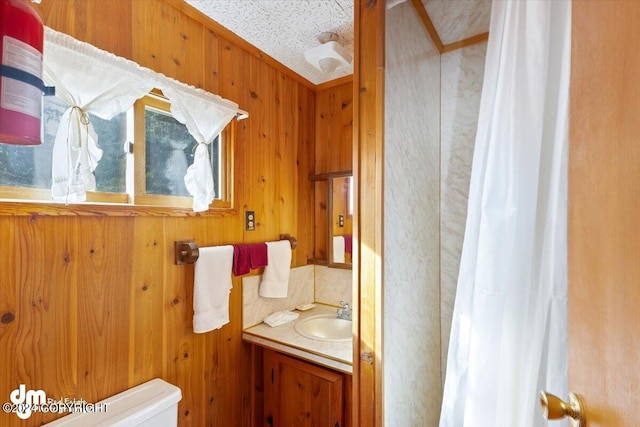 34464 Fishermans Rd, Soldotna, AK 99669 - bathroom with toilet, vanity, and wood walls