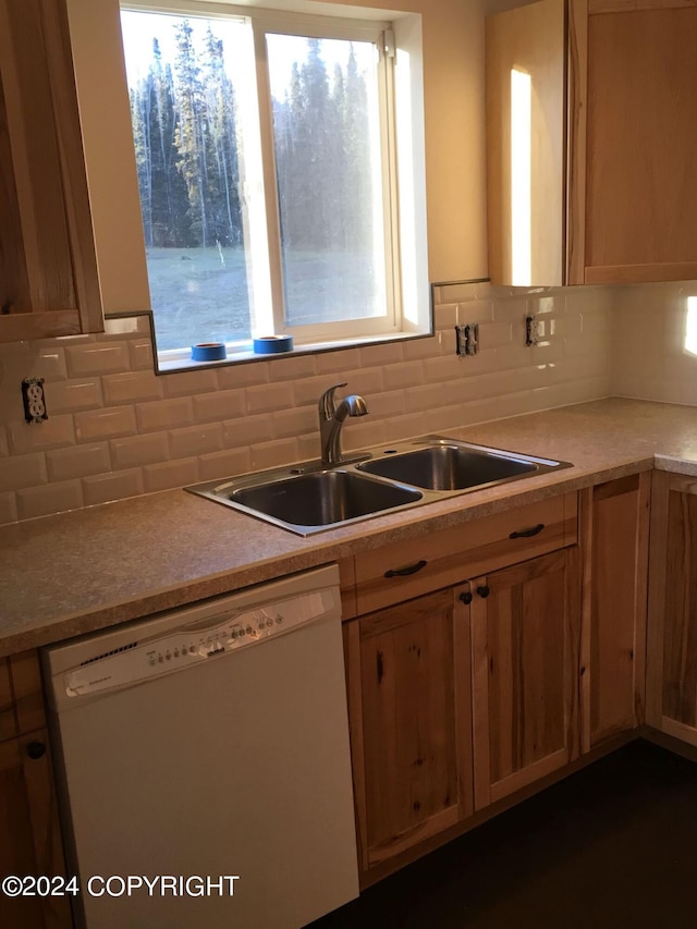 kitchen with decorative backsplash, dishwasher, and sink