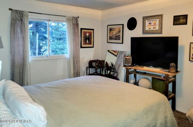 bedroom with carpet and a textured ceiling