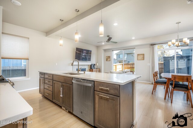 kitchen with a sink, a wealth of natural light, light wood-style flooring, and dishwasher