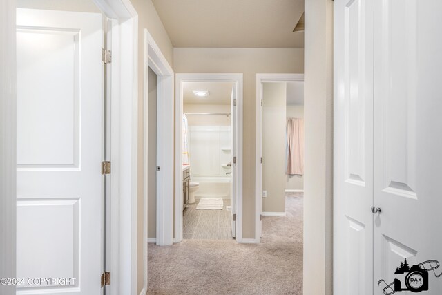 corridor featuring carpet flooring and baseboards