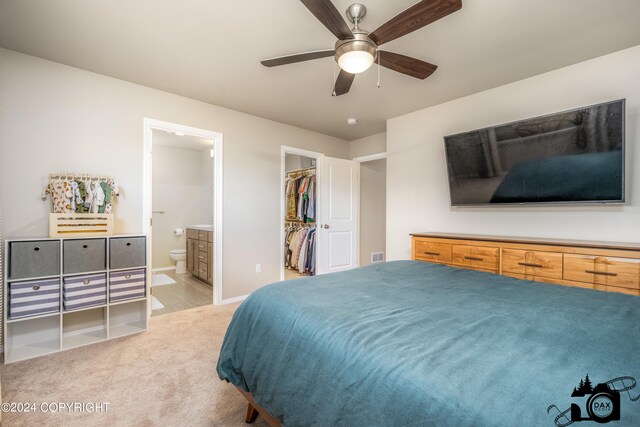 bedroom featuring light carpet, baseboards, a spacious closet, a closet, and ensuite bath