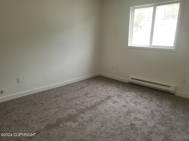 unfurnished room featuring carpet floors and baseboard heating