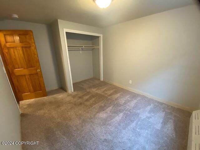 unfurnished bedroom with carpet flooring and a closet