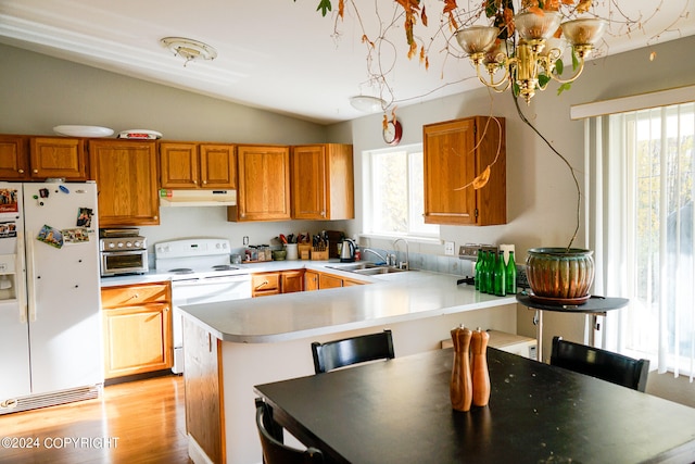 kitchen featuring white appliances, light wood-type flooring, lofted ceiling, decorative light fixtures, and sink