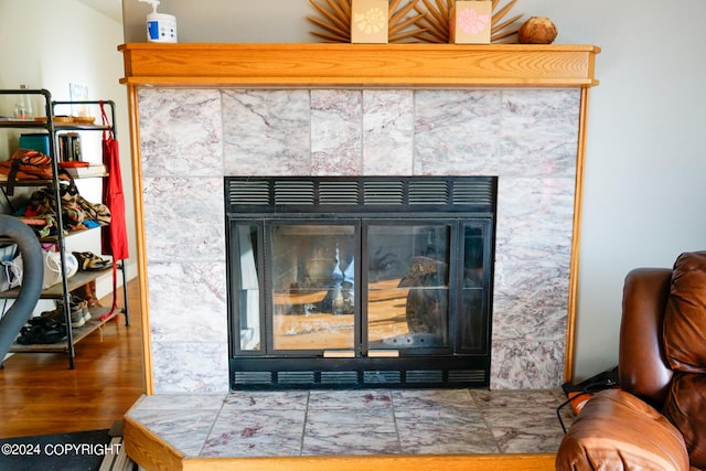 room details with a fireplace and hardwood / wood-style floors