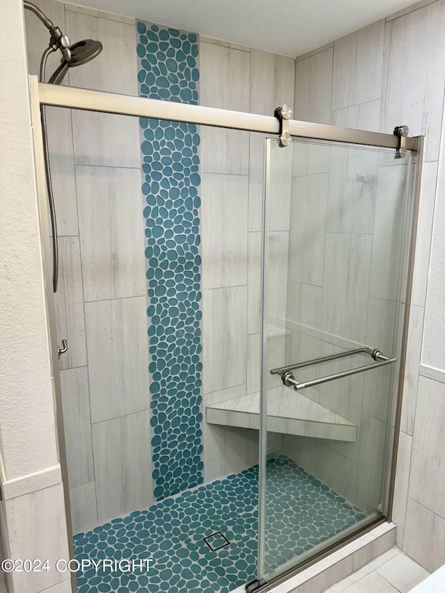 bathroom featuring a shower with shower door