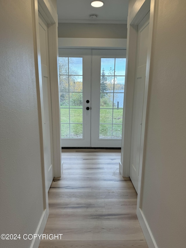 doorway to outside featuring french doors and light hardwood / wood-style floors