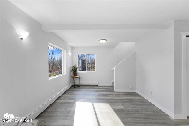 unfurnished room featuring a baseboard radiator and wood-type flooring