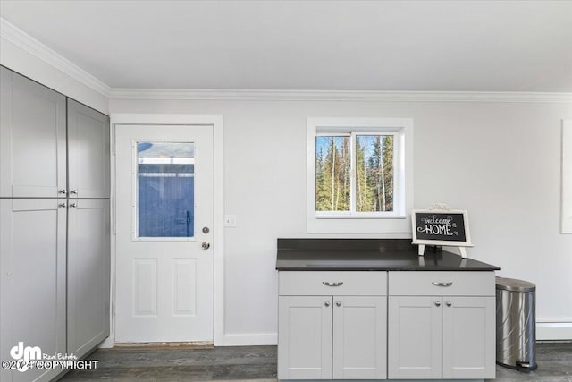 interior space with dark wood-type flooring, crown molding, baseboard heating, and white cabinets