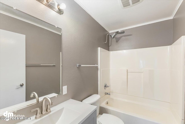 full bathroom with vanity, ornamental molding, toilet, and shower / bathtub combination