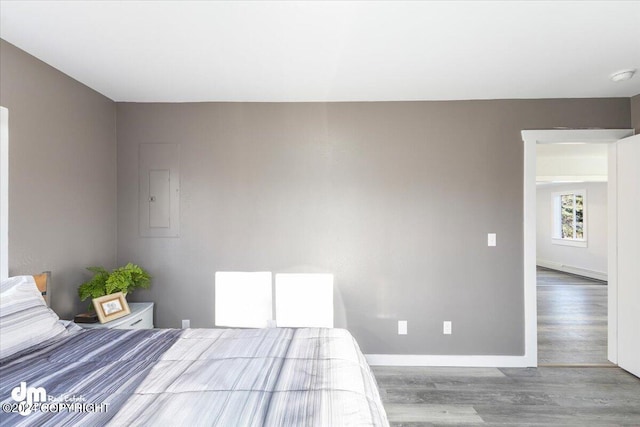 unfurnished bedroom featuring a baseboard radiator, electric panel, and light wood-type flooring