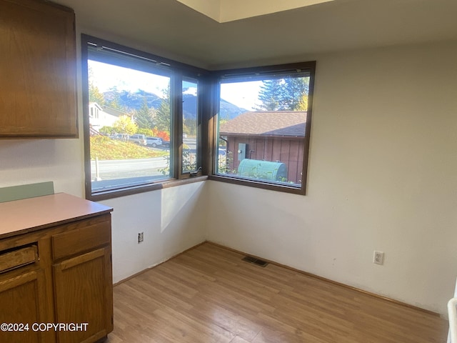 unfurnished dining area featuring light wood-type flooring