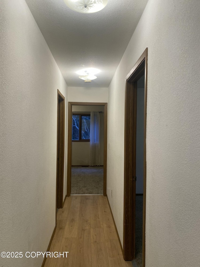 corridor with baseboards, a textured wall, and light wood-type flooring