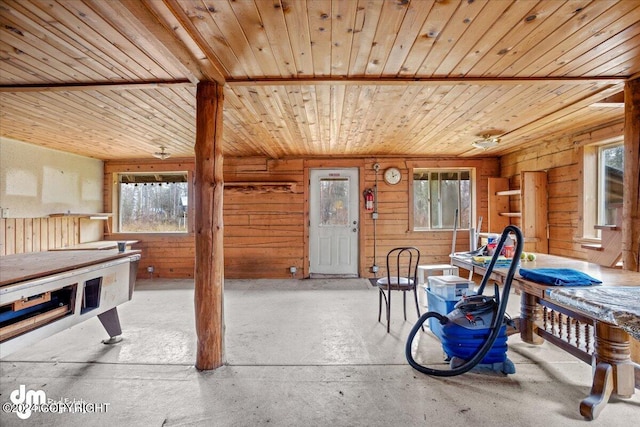 interior space with wood ceiling, concrete flooring, and wood walls