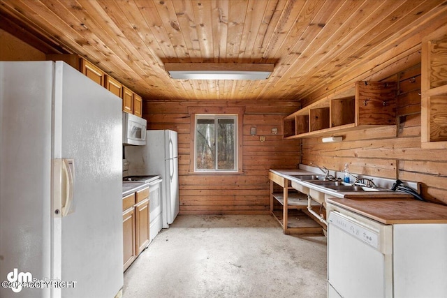 kitchen featuring sink, white appliances, wooden walls, and wooden ceiling