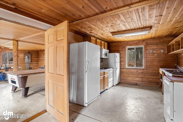 kitchen featuring wood ceiling, white appliances, and sink