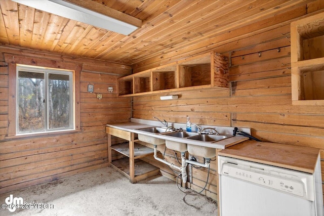 home office with wood ceiling and wooden walls