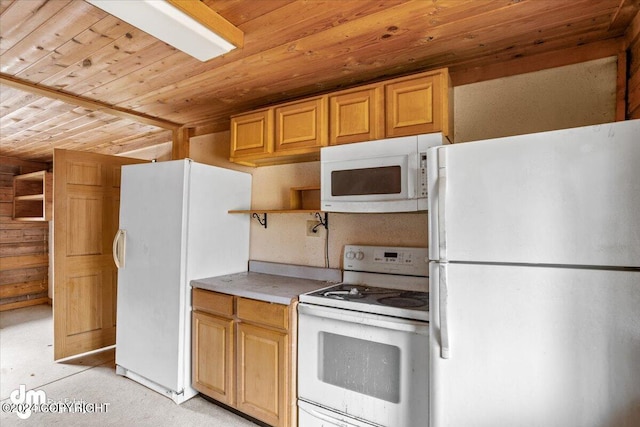 kitchen with wooden ceiling, vaulted ceiling, white appliances, open shelves, and light countertops