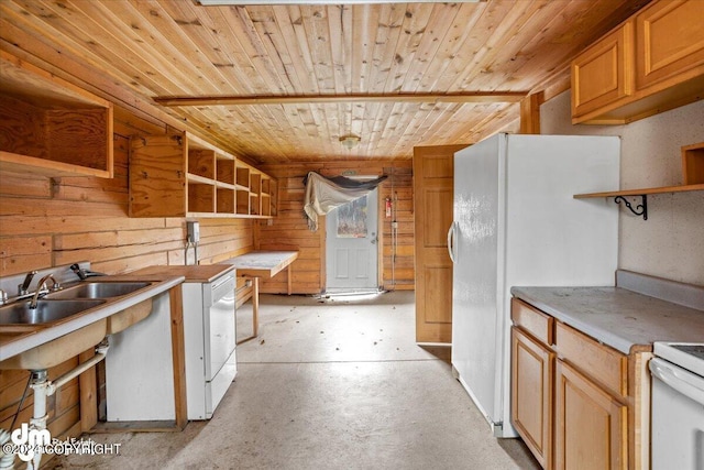 kitchen with concrete floors, open shelves, a sink, wood ceiling, and freestanding refrigerator