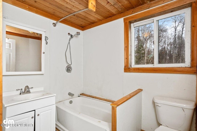 full bathroom with vanity, wood ceiling, shower / tub combination, and toilet