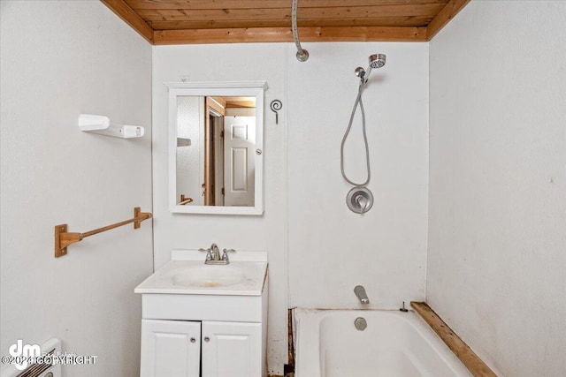 bathroom featuring vanity, shower / washtub combination, and wooden ceiling