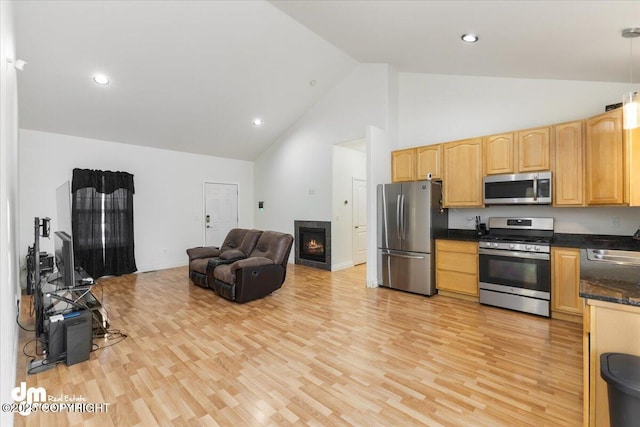 kitchen with hanging light fixtures, light hardwood / wood-style flooring, high vaulted ceiling, and appliances with stainless steel finishes