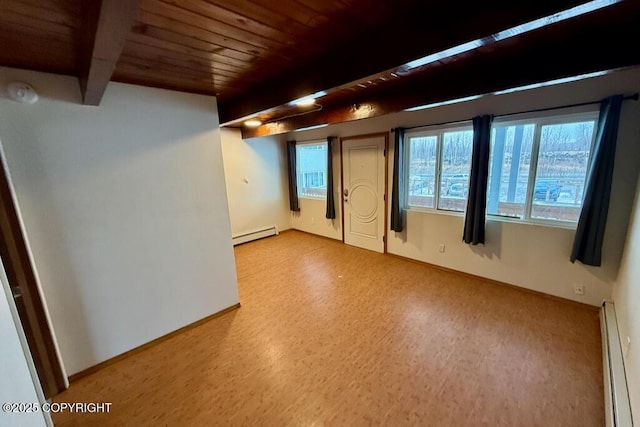 unfurnished room with beam ceiling, baseboards, and a baseboard radiator