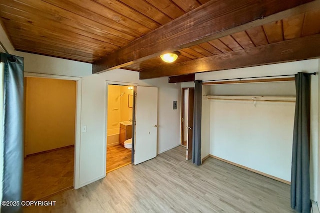 unfurnished bedroom featuring baseboards, beam ceiling, wood ceiling, and light wood-style flooring