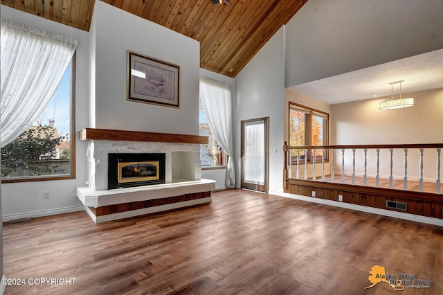 unfurnished living room with wood ceiling, high vaulted ceiling, and hardwood / wood-style floors