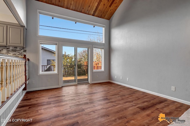 interior space with dark wood-type flooring, wood ceiling, and high vaulted ceiling