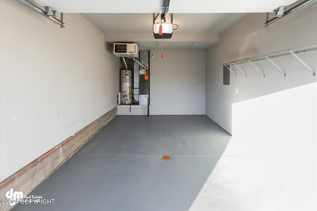 garage with strapped water heater, a garage door opener, and electric panel