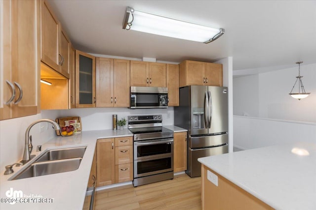 kitchen featuring appliances with stainless steel finishes, light hardwood / wood-style flooring, sink, and pendant lighting